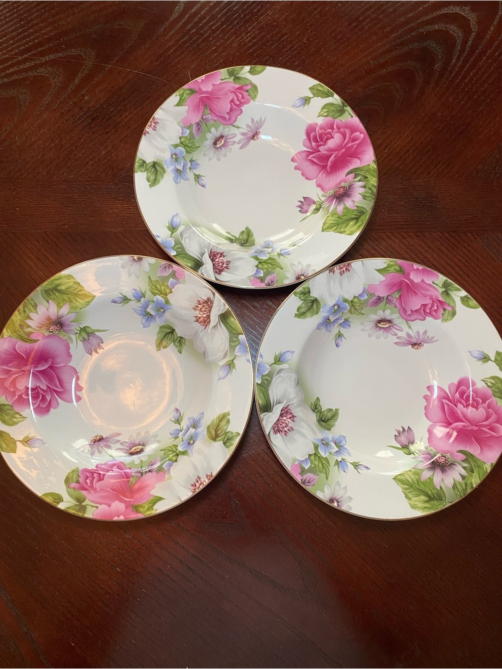 Pink, blue, green and white floral pasta/salad 8.75 in round (Set of 3)
